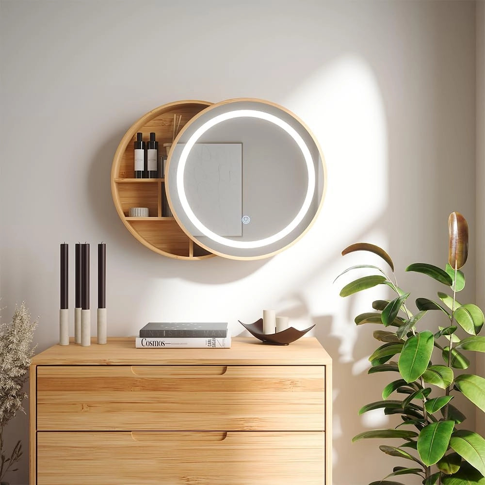 Specchio contenitore bagno Silva, Bambù, 50 x 50 cm con 5 vani portaoggetti, per montaggio a parete con illuminazione LED integrata
