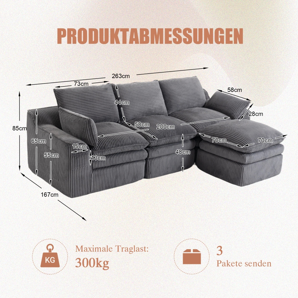 Divano modulare 3 posti con pouf, cuscini e tasche laterali, in tessuto corduroy grigio scuro per soggiorno e ufficio