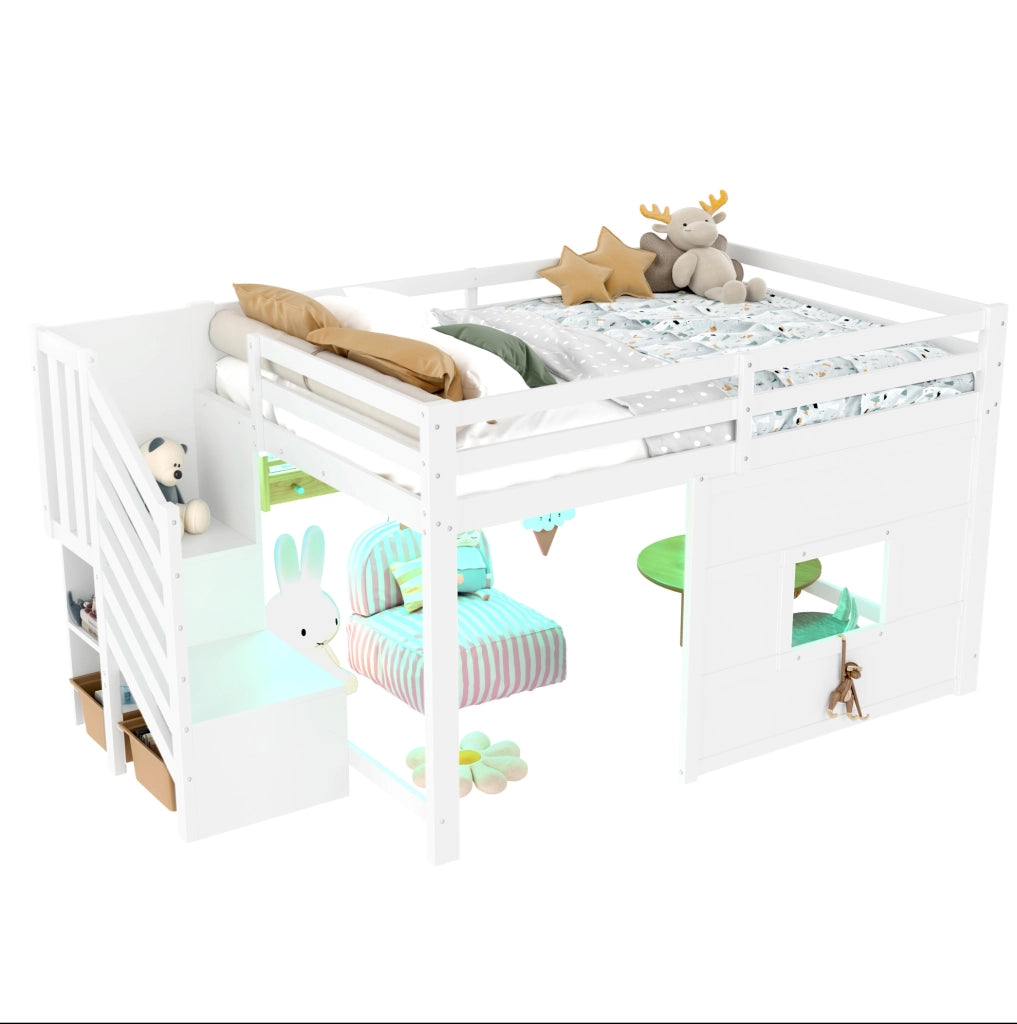 Letto a soppalco 140x200 cm bianco con scala contenitore, finestra e LED