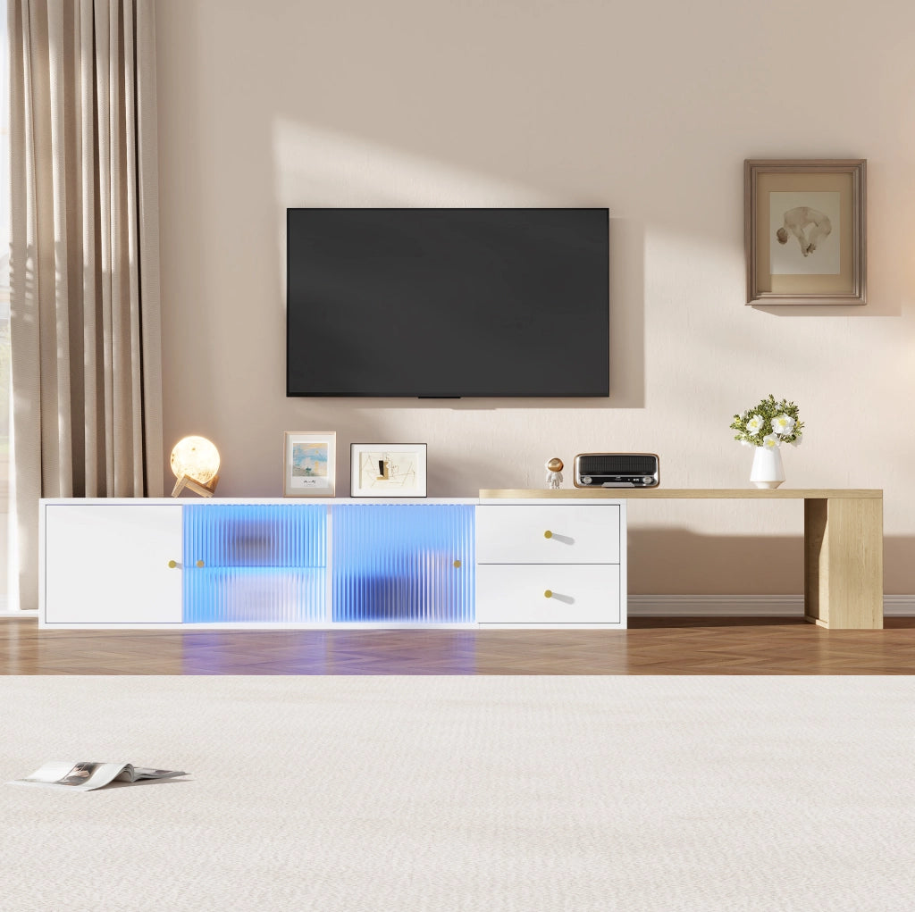Mobile TV allungabile con LED RGB, vetro rigato e ripiano laterale, bianco e naturale