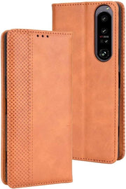 Hoesa retro stile per Sony Xperia 1 IV in pelle PU/TPU, colore marrone con slot per carte di credito e apertura standard.