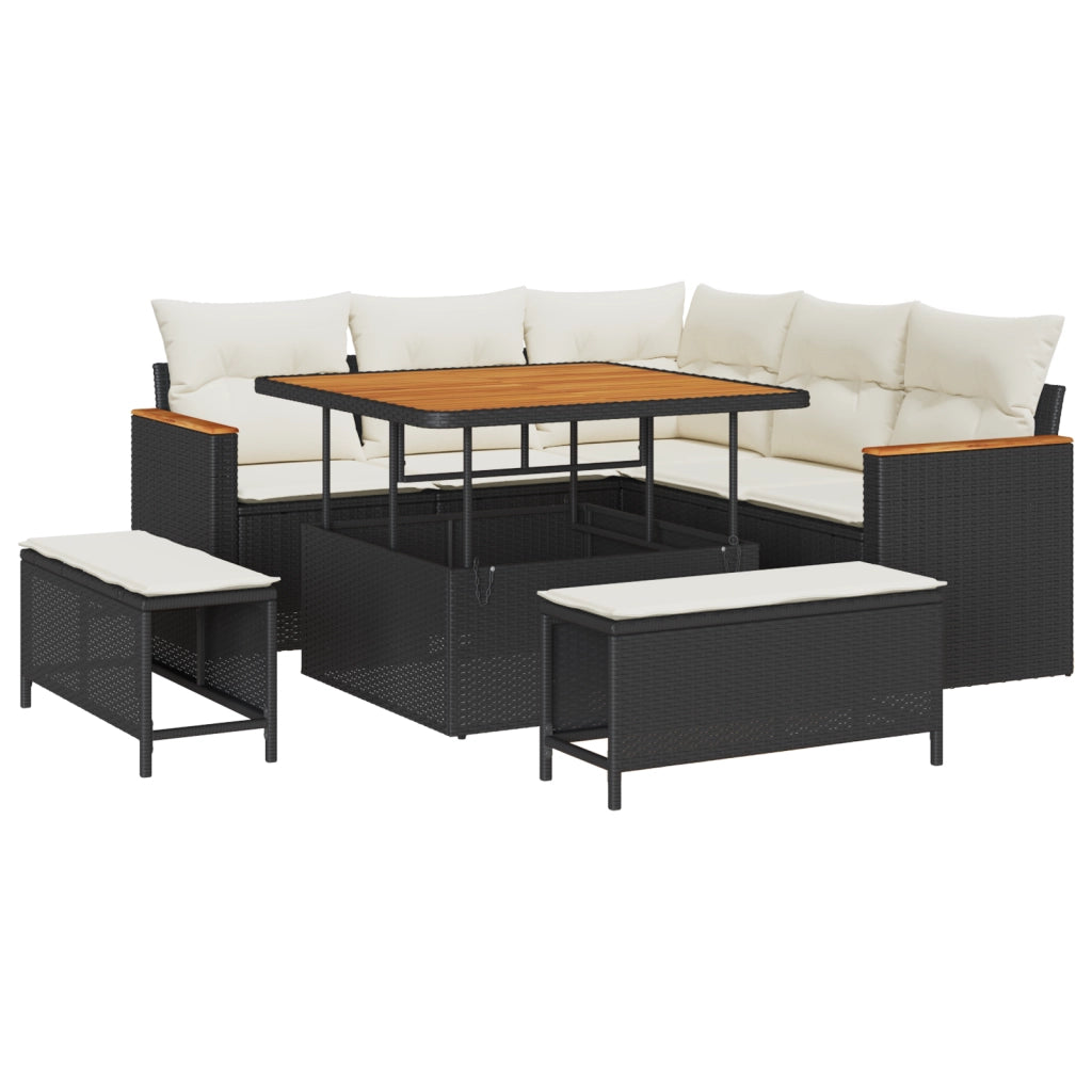Set di divano da giardino 8 pezzi con cuscini in polyrattan nero e legno di acacia
