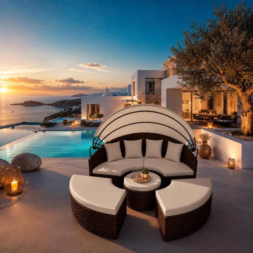 Set Arredo Outdoor Con Isola Prendisole Modulare Con Tavolino Centrale Integrato E Tettuccio Parasole Regolabile E Struttura in Polyrattan Colore Beige e Marrone 180 x 171 x 136 cm