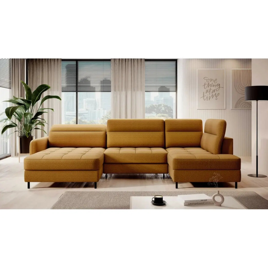 Divano angolare convertibile BERTHO 306 cm giallo arancio – Angolo sinistro con contenitore