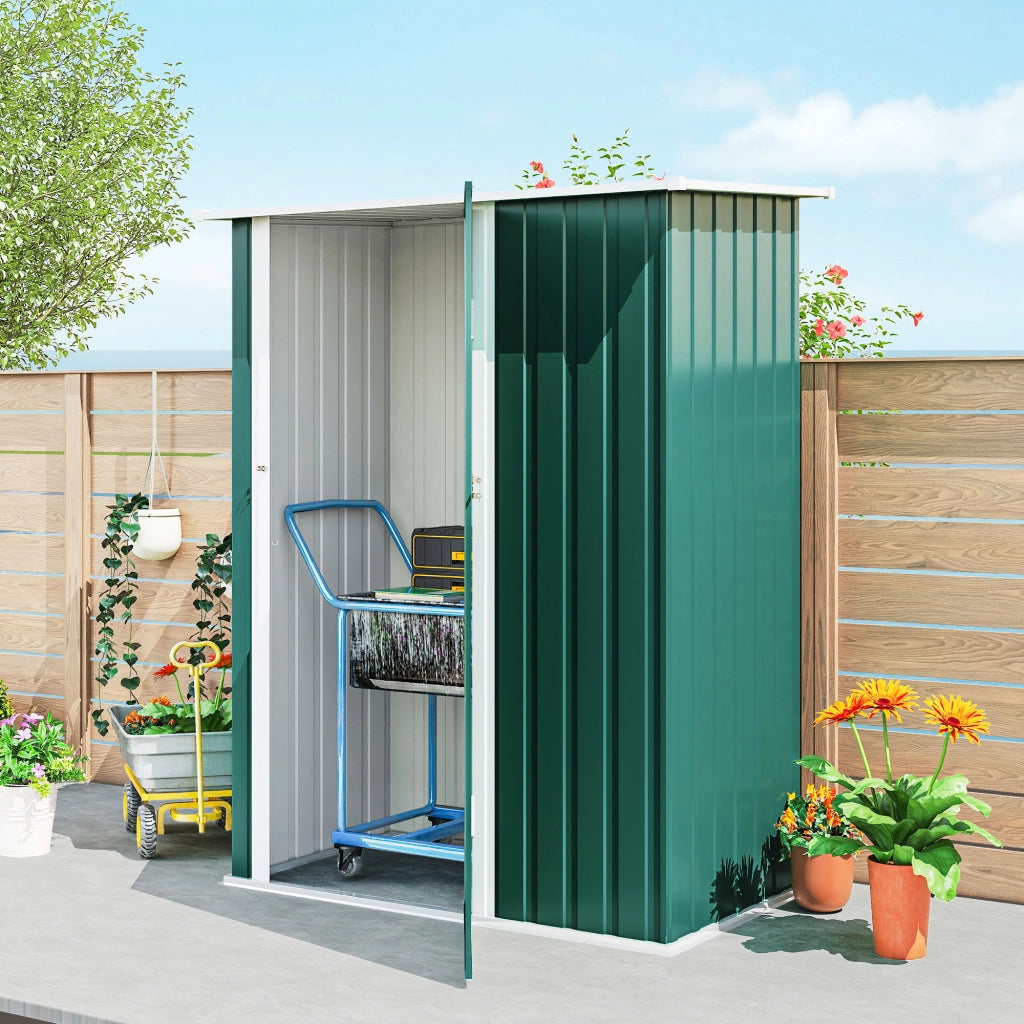 Capanno Porta Attrezzi 142x86x189 cm con Tetto Inclinato e Porta Bloccabile in Metallo Verde