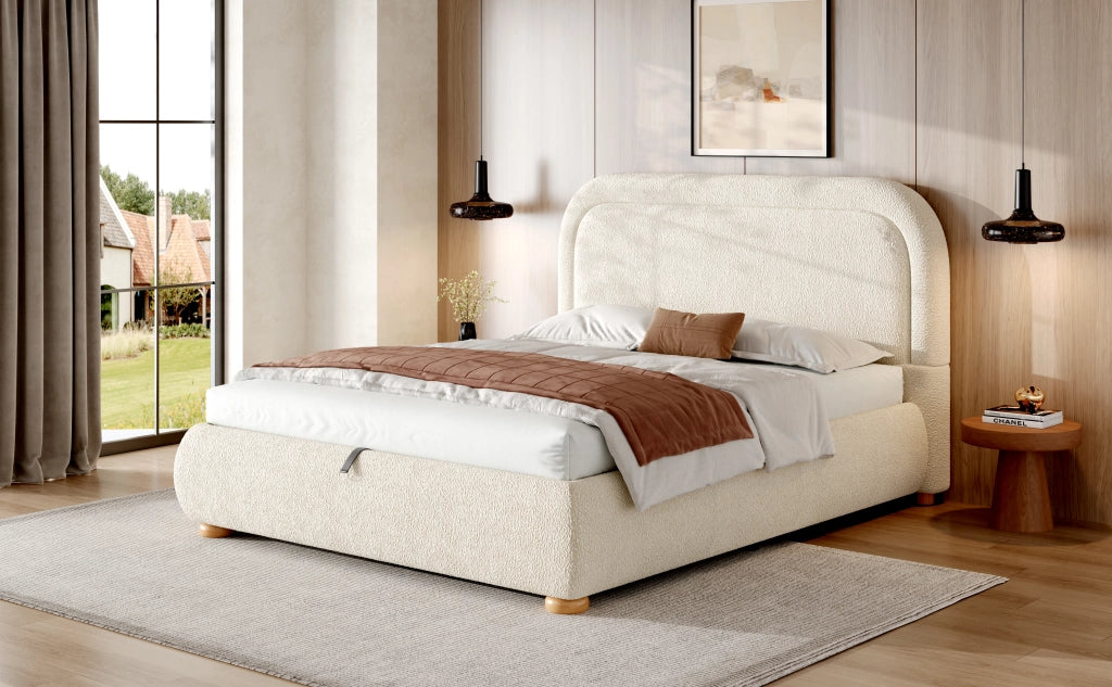 Letto matrimoniale 140x200 cm in bouclé beige con contenitore idraulico, rete a doghe e testiera imbottita