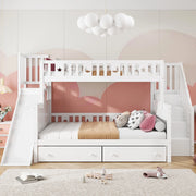 Letto a castello per bambini con scivolo, scala di sicurezza, 2 cassetti e rete a doghe, bianco