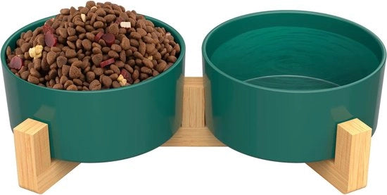 Bacile ceramici con base in bambù elevata per cani e gatti, da utilizzare come ciotola per cibo o acqua, ciotola per gatti, antiscivolo, lavabile in lavastoviglie (2 x - 850 ml, verde)