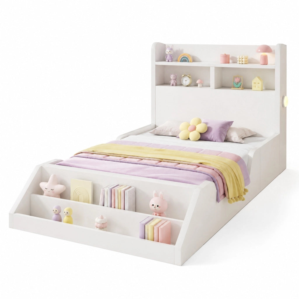 Letto singolo in legno 90x200 cm con libreria, luci notturne e rete a doghe, bianco