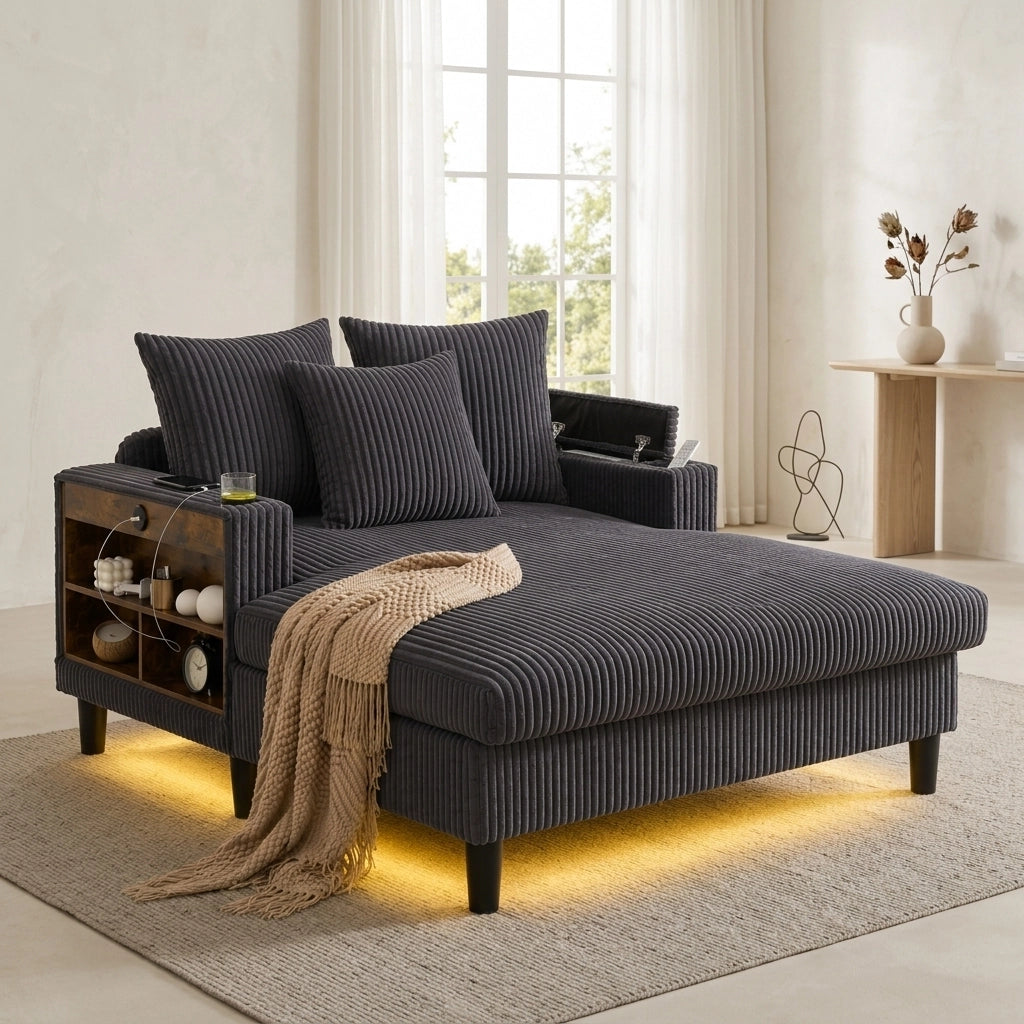 CHAISE LONGUE 129x170x70 cm in corduroy grigio scuro con LED, USB e contenitore