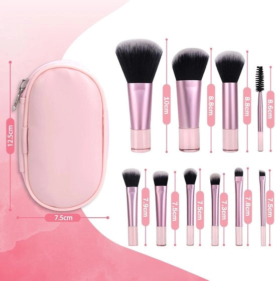 Set di pennelli per trucco - 10 pezzi - Pennelli per trucco mini - Set di trucco portatile - Borsa di stoccaggio - Rosa - Dimensioni 18 x 13,5 x 2 cm