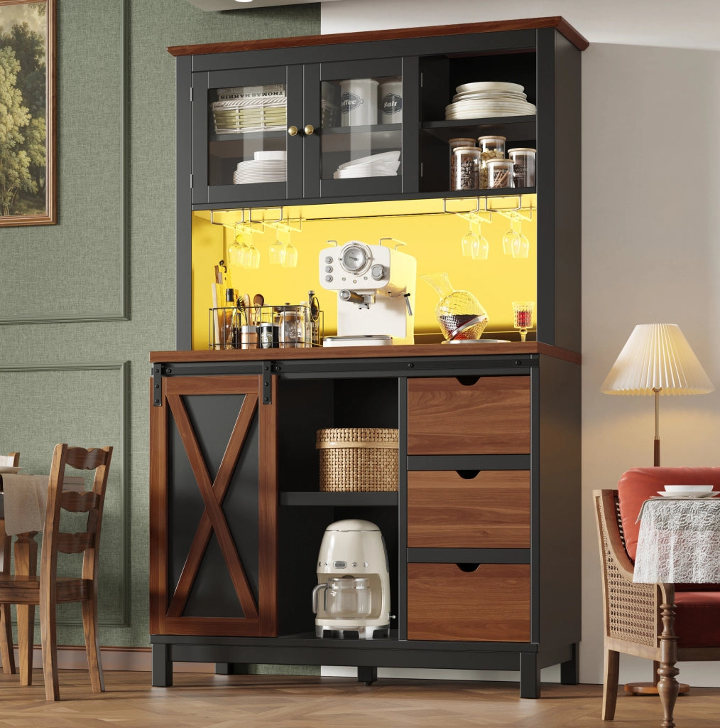 Armadio da cucina 104x40x180 cm con LED e ripiani regolabili in MDF; metallo e vetro nero