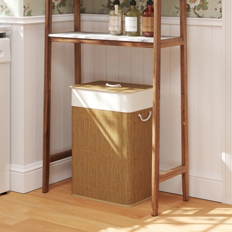 Cesto per biancheria 40x30x60 cm con coperchio e sacco rimovibile in bambù marrone