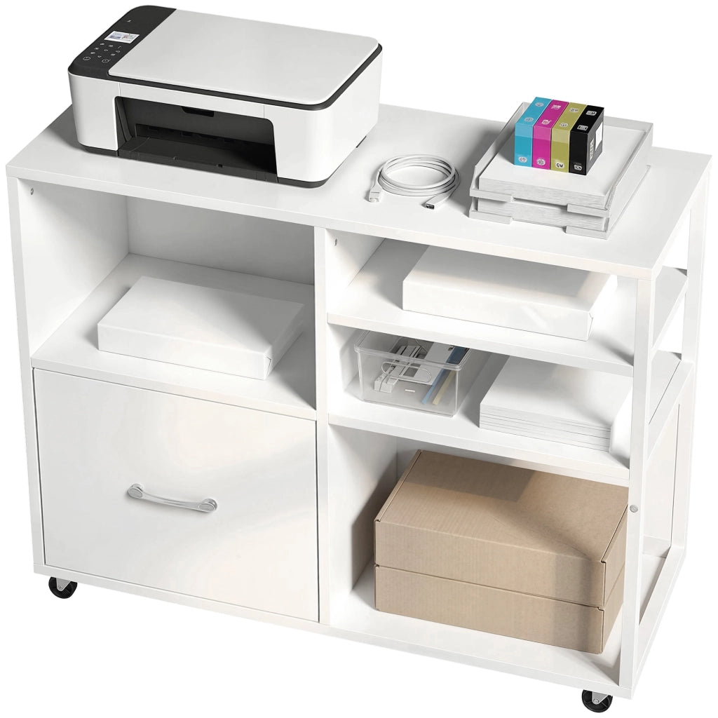 tavolo stampante con ruote e cassetto A4, ideale per casa e ufficio.