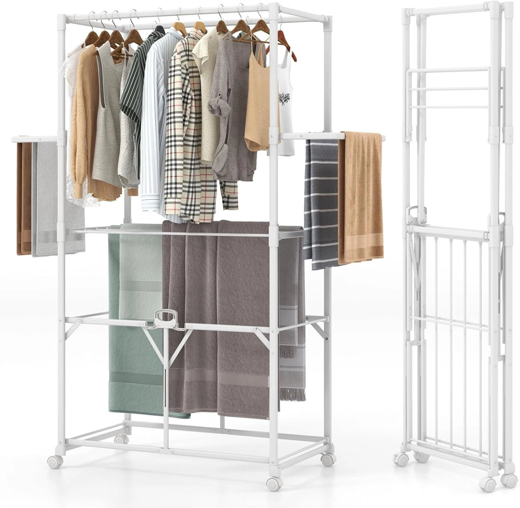 Stendibiancheria verticale pieghevole con ruote, barre sospese, 2 ali pieghevoli e ripiano estraibile, stendibiancheria portatile per interni ed esterni, 94 x 49 x 174 cm, bianco