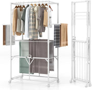 Stendibiancheria verticale pieghevole con ruote, barre sospese, 2 ali pieghevoli e ripiano estraibile, stendibiancheria portatile per interni ed esterni, 94 x 49 x 174 cm, bianco