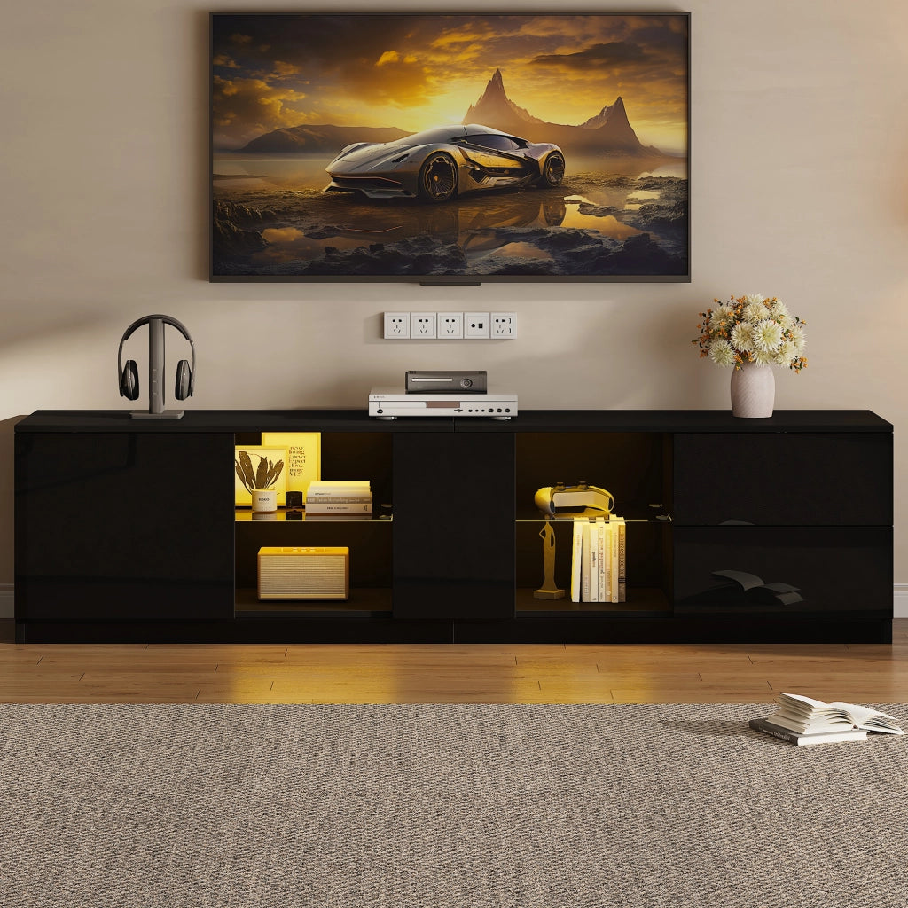 Mobile porta TV con LED, 2 cassetti e 1 anta, in MDF con ripiano in vetro temperato, per soggiorno, 160 × 40 × 52 cm