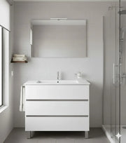 Mobile Bagno BALDER Già Montato 3 cassetti con piedini, lavabo e specchio Bianco lucido 100x45 cm