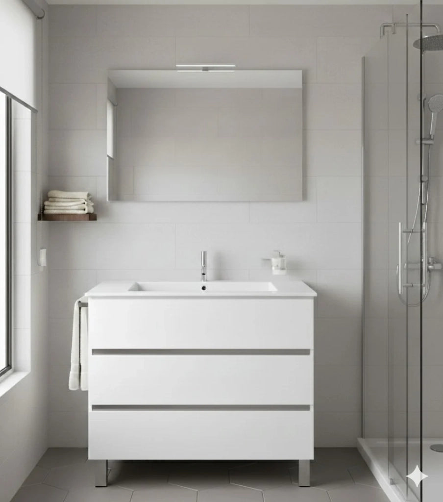 Mobile Bagno BALDER Già Montato 3 cassetti con piedini, lavabo e specchio Bianco lucido 100x45 cm