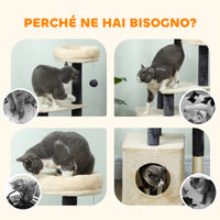 Albero Tiragraffi per Gatti Alto 92 cm con Casetta Lettino Pali in Sisal e Pallina Bianco Crema