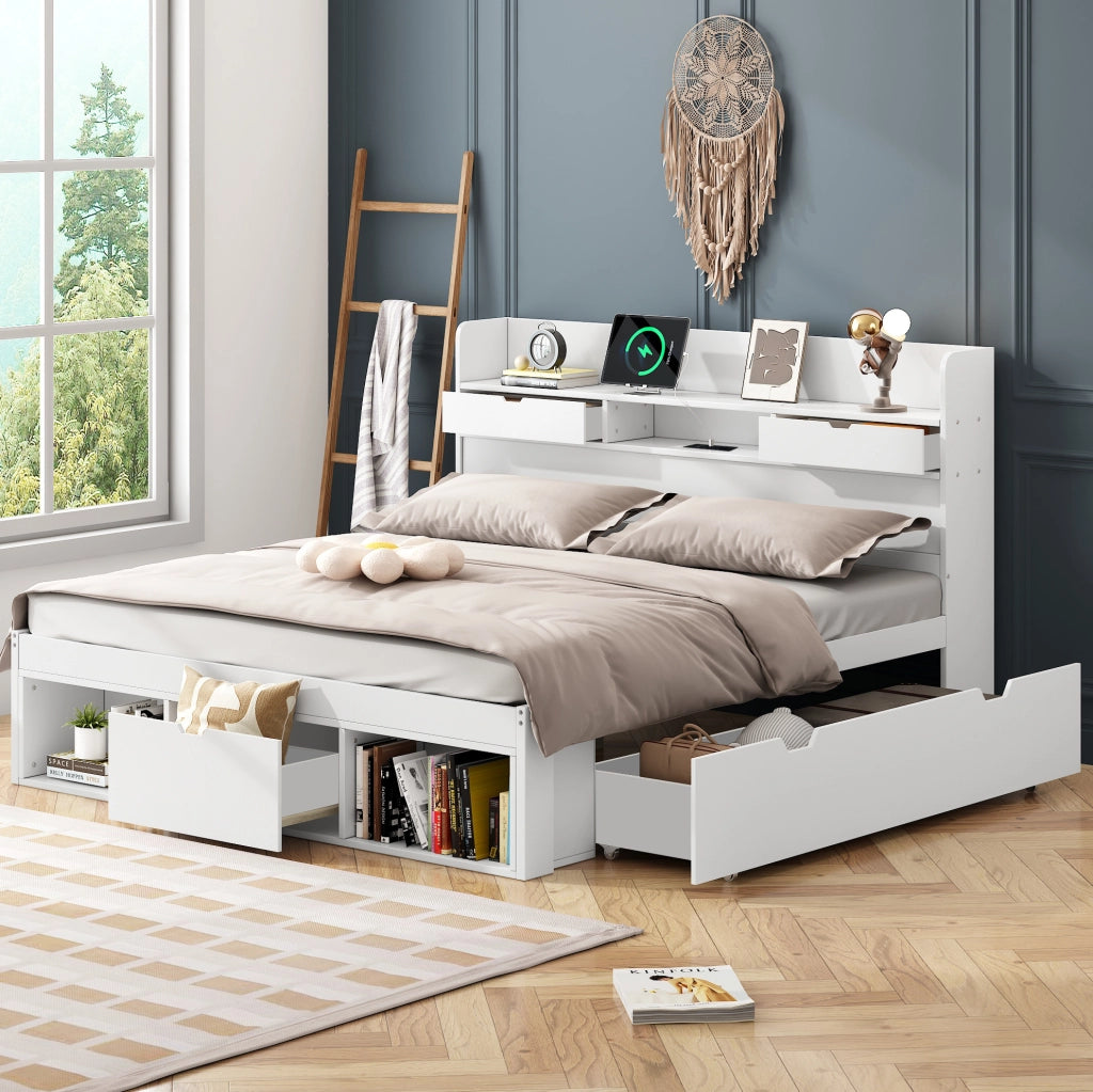 Letto 140x190 cm con USB; vani e cassetti; legno di pino e MDF bianco (Senza materasso)