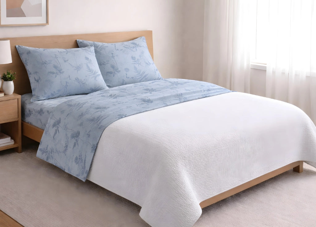 Completo Lenzuola Letto In 100% Cotone Made Italy Disegno Soffione - Francese - Azzurro