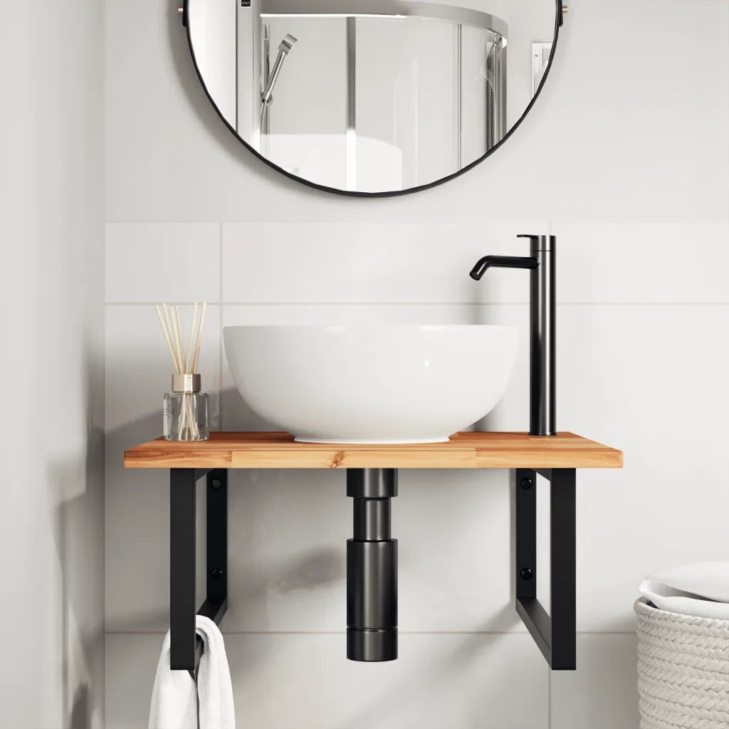 Ripiano a Parete per Lavabo in Acciaio e Massello di Acacia 3302881