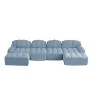 Divano angolare modulare a U 4 posti con ottomani; schienale ergonomico; in tessuto pile testurizzato; blu