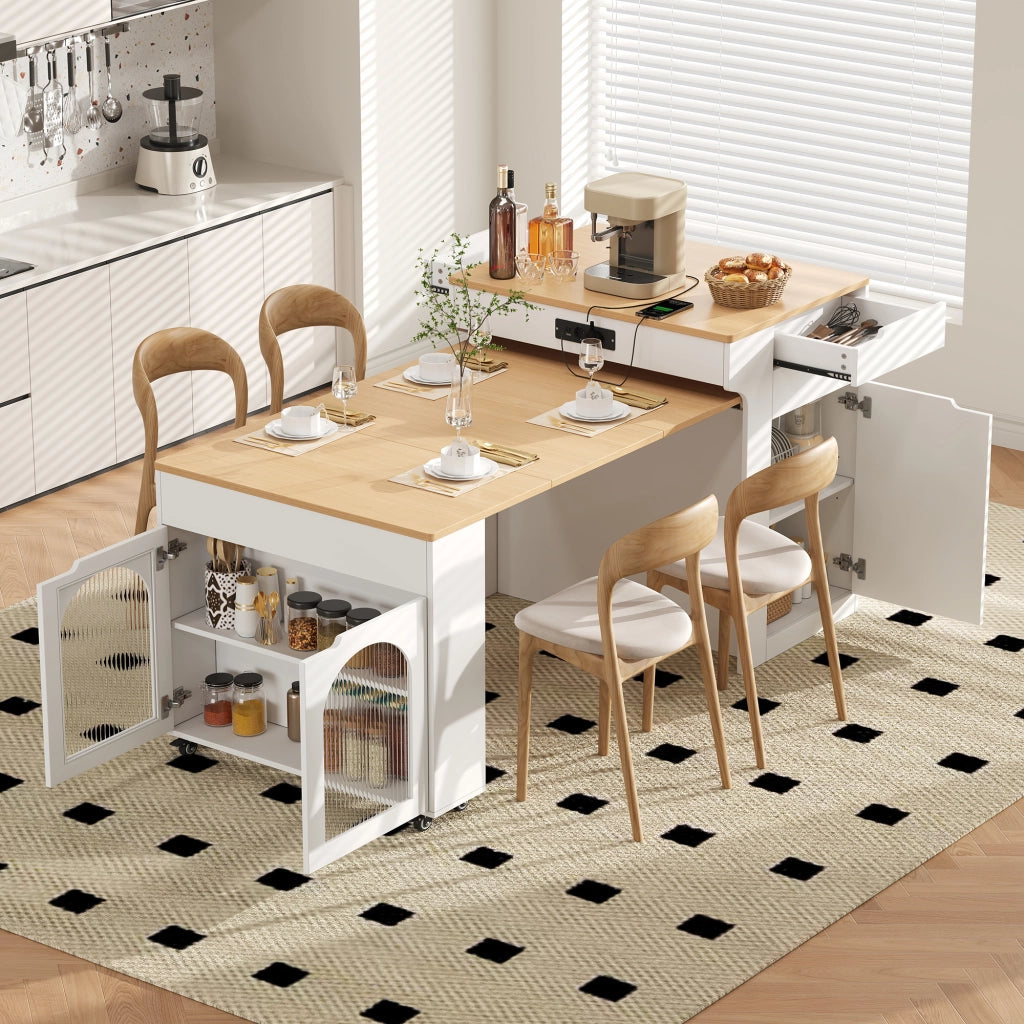 Tavolo allungabile multifunzionale con sideboard, ante in vetro, 2 cassetti, MDF e vetro, bianco