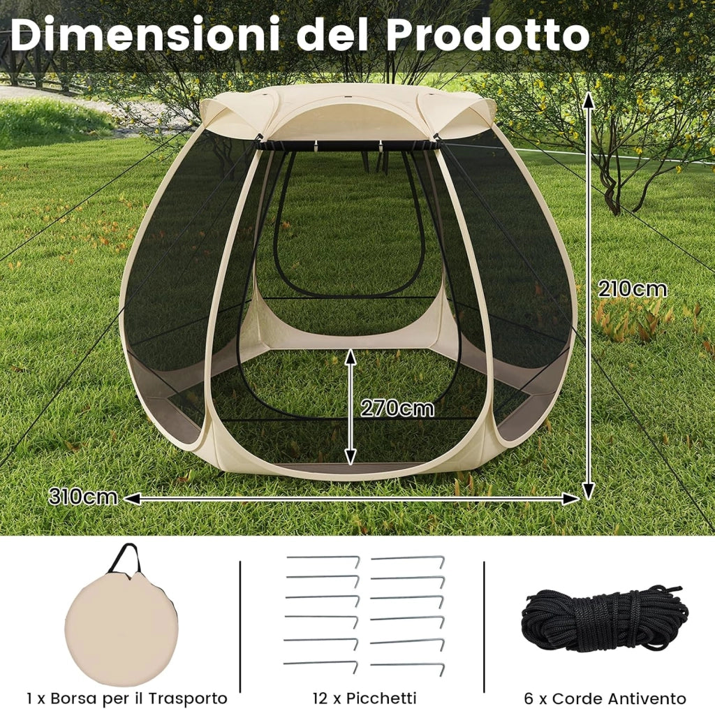 Tenda a Rete Pop Up per 4-6 Persone, 310 x 270 CM, Tenda da Campeggio Pieghevole con Zanzariera, Borsa Portatile, per Famiglie, Campeggio e Giardino