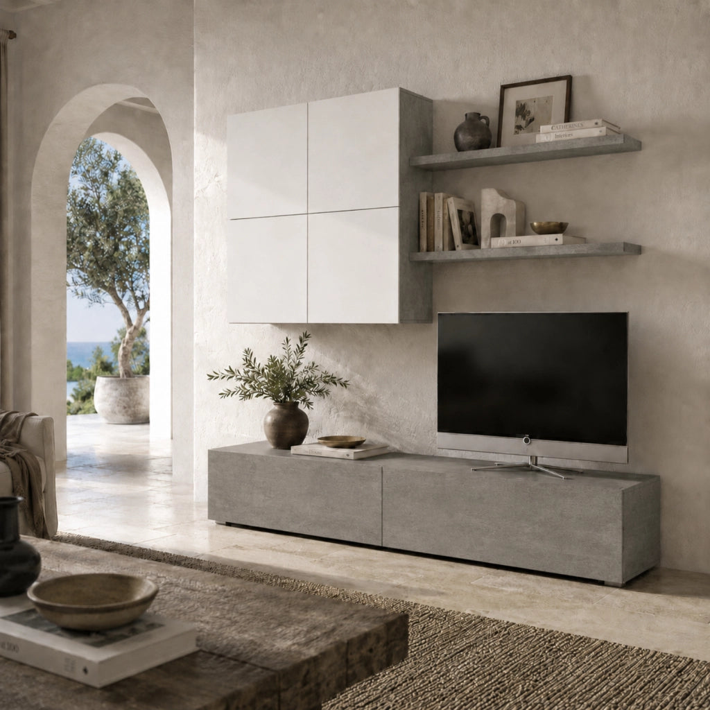 Parete Attrezzata Moderna Per Soggiorno Con Base TV 2 Ante Pensile 4 Ante E 2 Mensole In Melaminico Facile Da Pulire Design Contemporaneo 200 X 194 X 40 Cm Bianco E Grigio Cemento