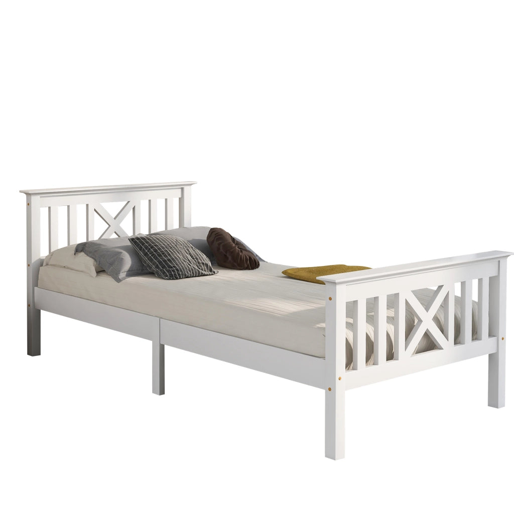 Letto Singolo 90×200 cm; 1 Posto con Testiera a X; senza Materasso; in Legno Massello; Bianco