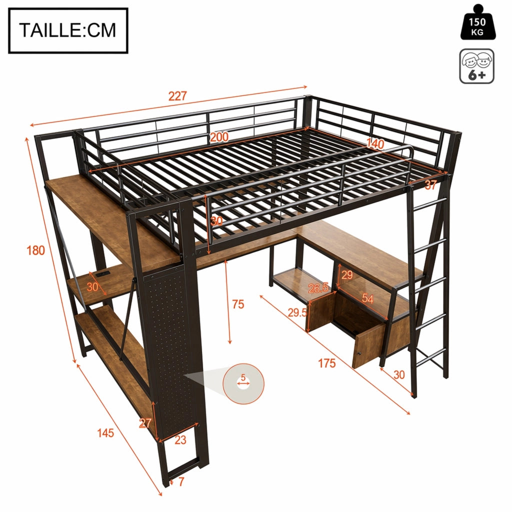 LETTO A SOPPALCO 140x200 cm Nero in metallo con scrivania, LED e USB