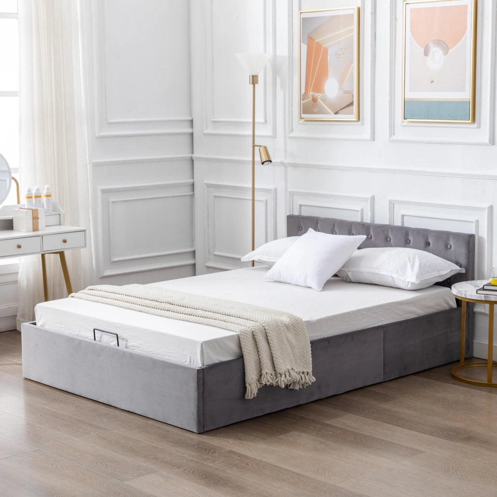 LETTO contenitore 140x200 cm in velluto grigio con testiera capitonné e rete a doghe