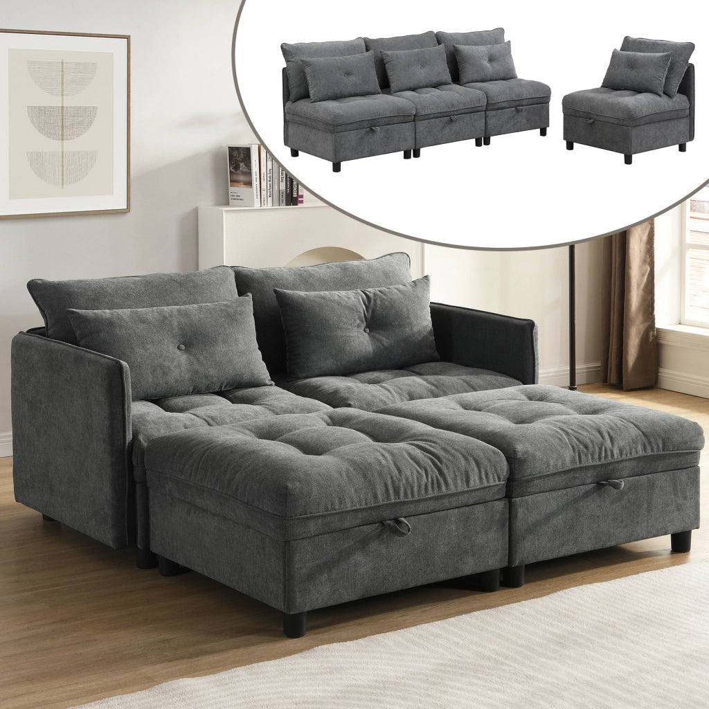 Divano modulare 4 posti - con vano contenitore e funzione letto - in chenille - grigio antico