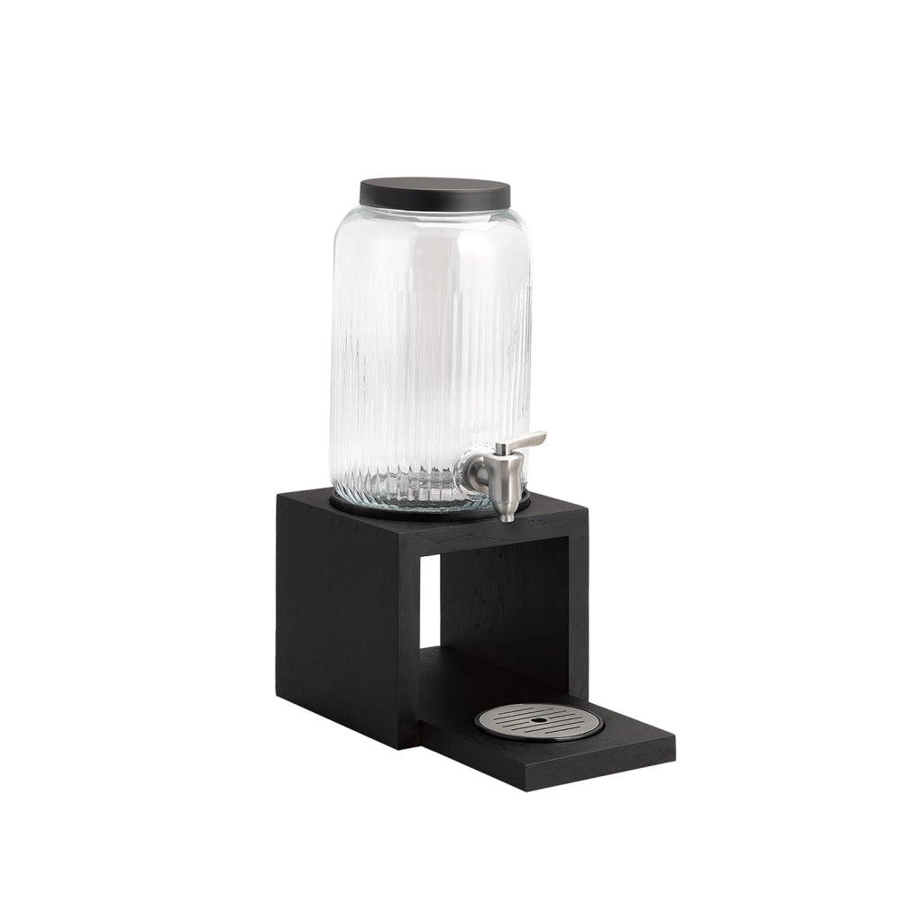 Dispenser per bevande "VALO" con caraffa in vetro (3,8 l), base in rovere nero, rubinetto e griglia antigoccia in acciaio inossidabile