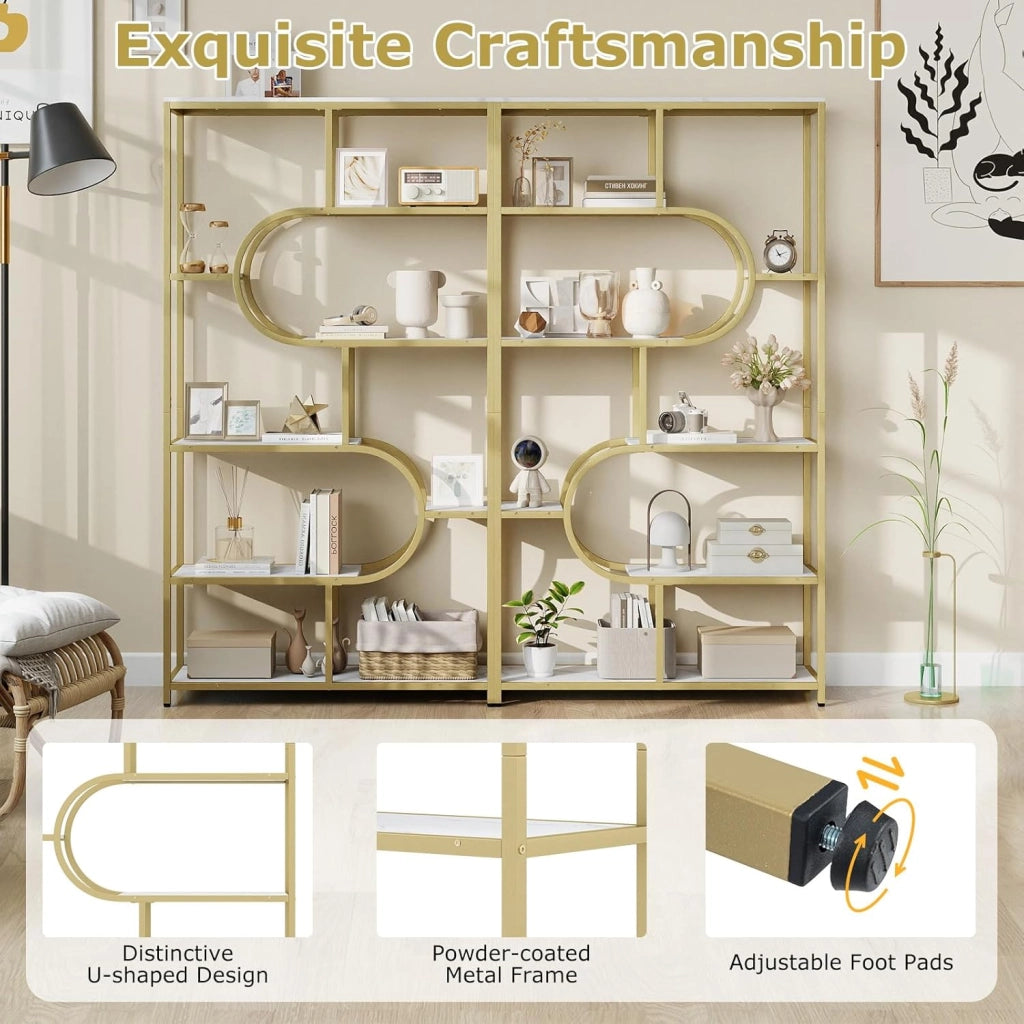 Libreria Geometrica a 8 livelli, scaffale portaoggetti con ripiani aperti in legno, telaio in metallo, kit antiribaltamento, 95 x 30 x 175 cm, per soggiorno, camera da letto, ufficio (bianco)
