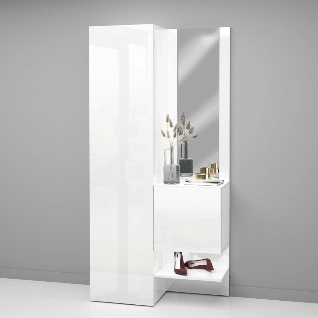 Mobile da ingresso Bauladu, Armadietto multifunzione a 2 ante, Mobile multiuso con specchio, 90x35h190 cm, Bianco