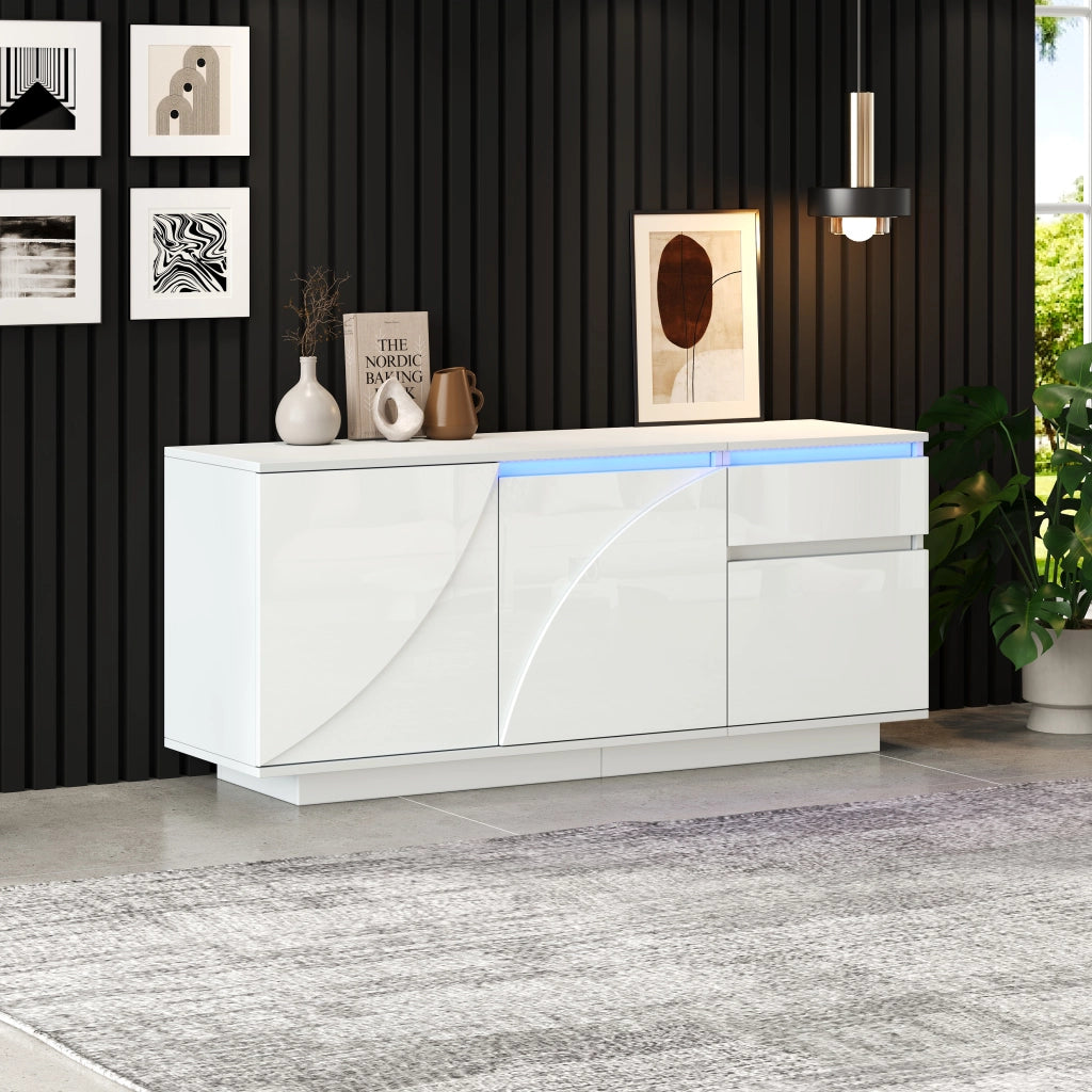 Armadio laterale con LED - Zephmum- 140x40x60cm, 3 ante, cassetto, bianco