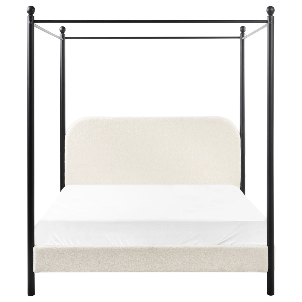 Letto a baldacchino in metallo nero con rivestimento in bouclé bianco sporco 140 x 200 cm EU Dimensioni doppie Retro Minimalista
