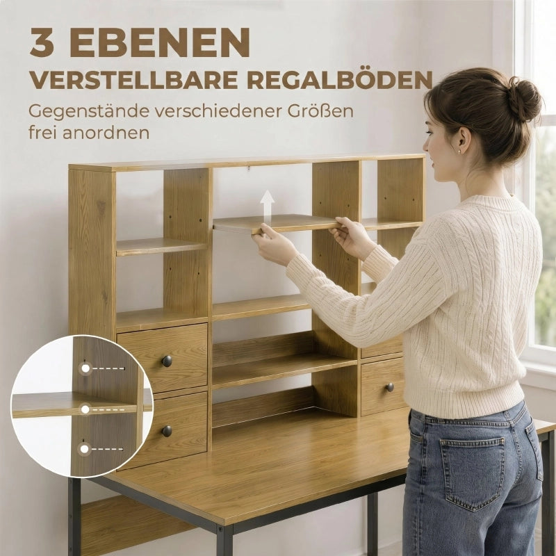 SCRIVANIA 105 cm con 4 cassetti e ripiani, legno naturale