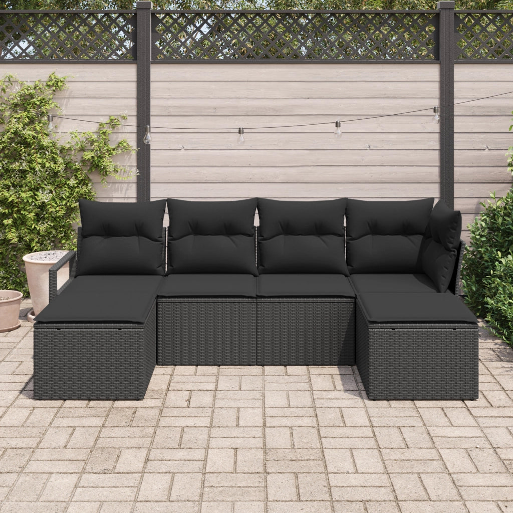 Set Divano da Giardino di 6 Pezzi con Cuscini Nero Polyrattan