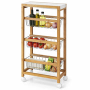 Carrello Cucina Slim Salvaspazio in Bambù con ruote 3 Cestelli e Vassoio