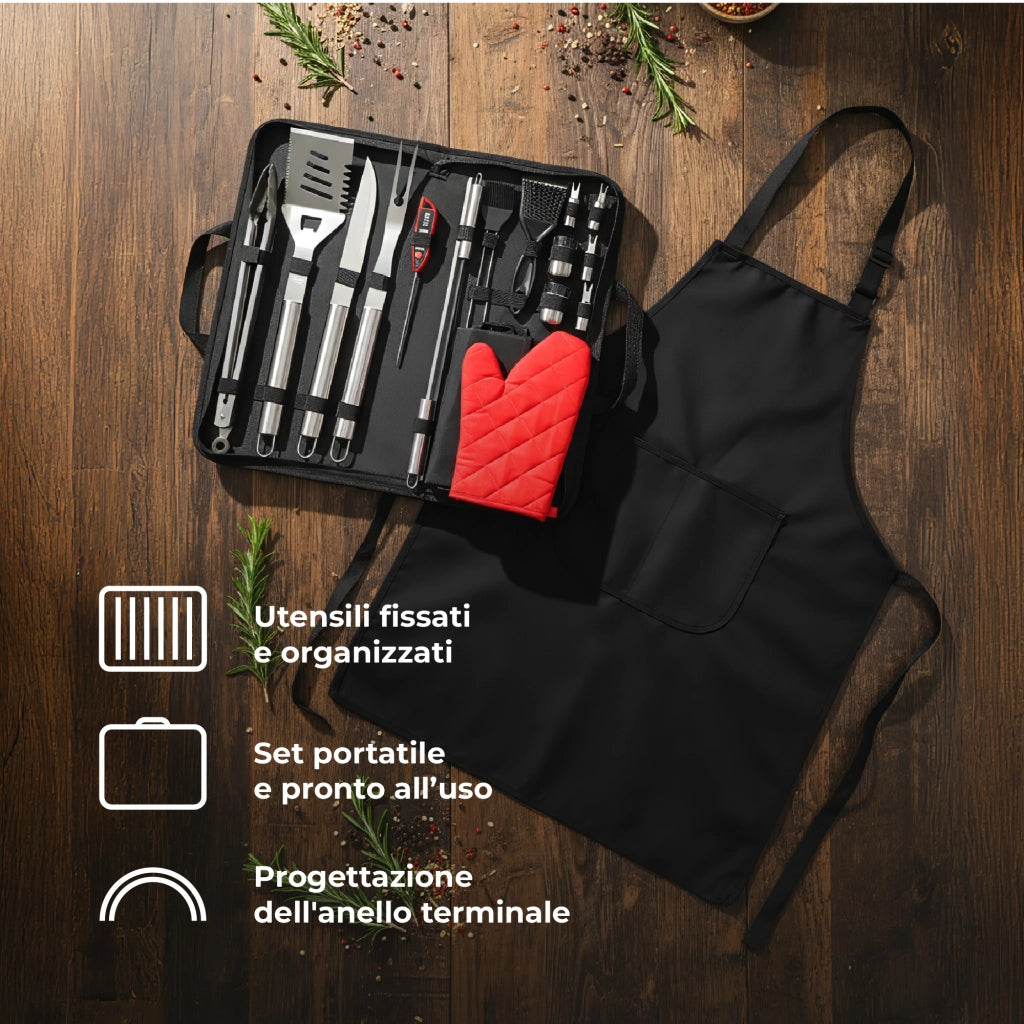 Set BBQ Professionale con Termometro Carne – Accessori Barbecue in Acciaio Inox 430 Alimentare con Pinza, Spatola, Forchettone, Coltello, Grembiule Kit 7 o 17 Pezzi Kit 17 Pezzi