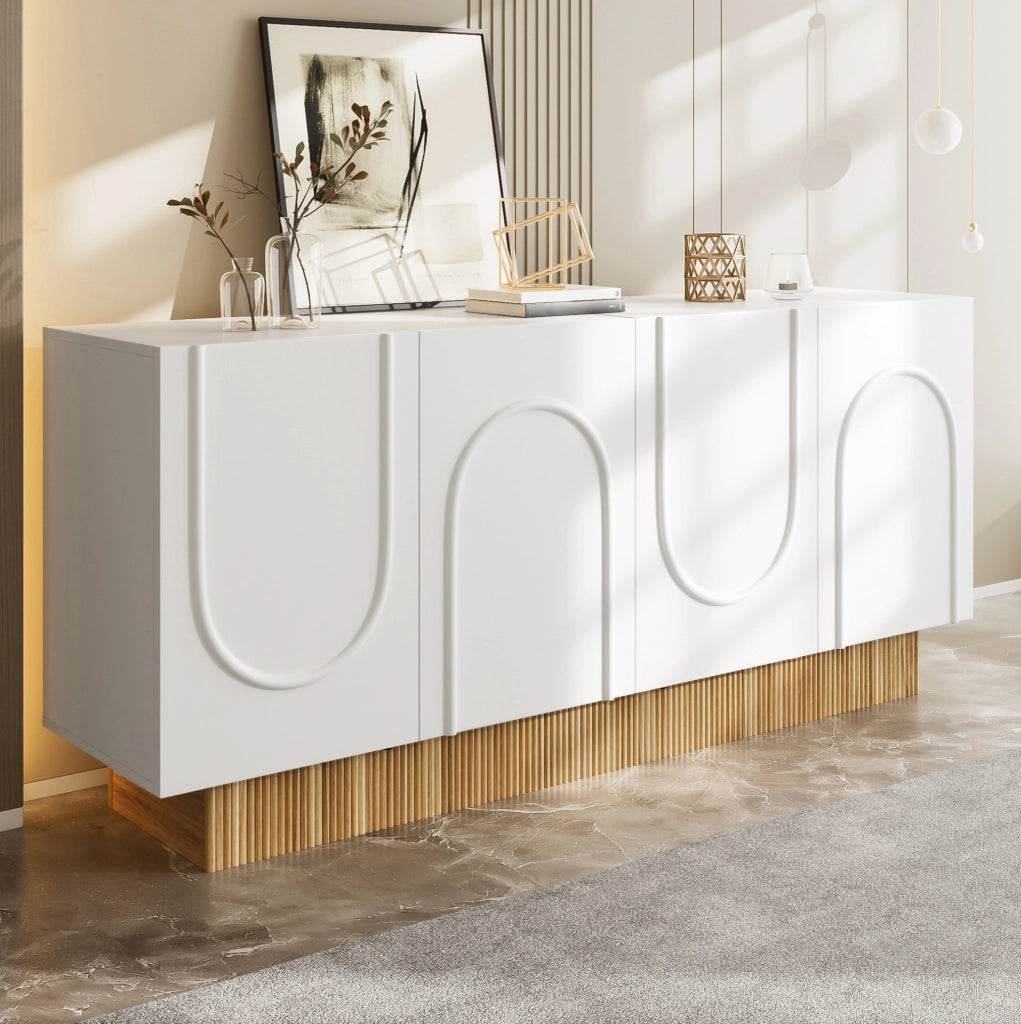 Sideboard 160x38x75 cm con 4 ante e ampio spazio contenitivo in pannello truciolare bianco e naturale