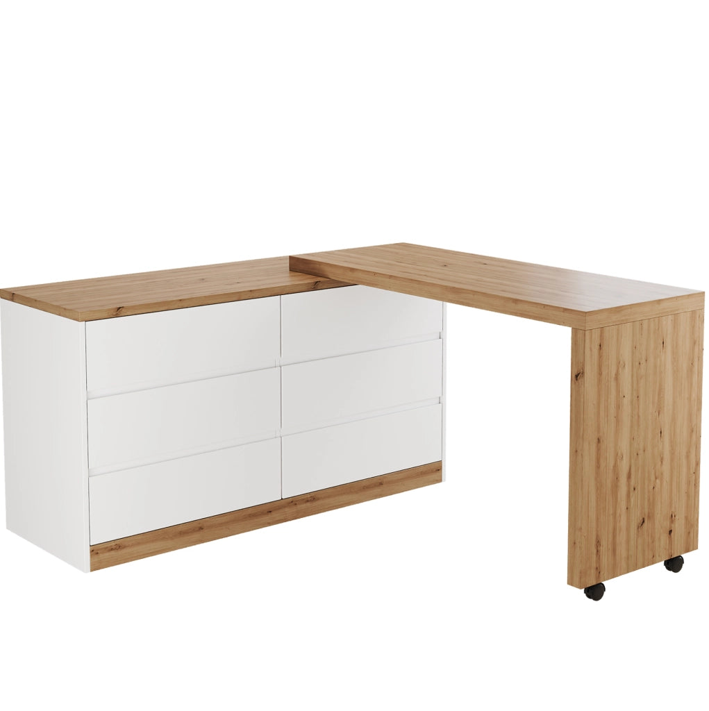 Scrivania girevole 2 in 1 con 6 cassetti 120x50 cm in pannello truciolare; bianco e rovere