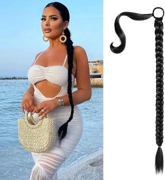 Estensione per code di coda con elastico, 80 cm, testa di coda artificiale intrecciata, allungamento dei capelli, intreccio, morbidezza naturale, per allungamenti e intrecci di code di coda (nero)