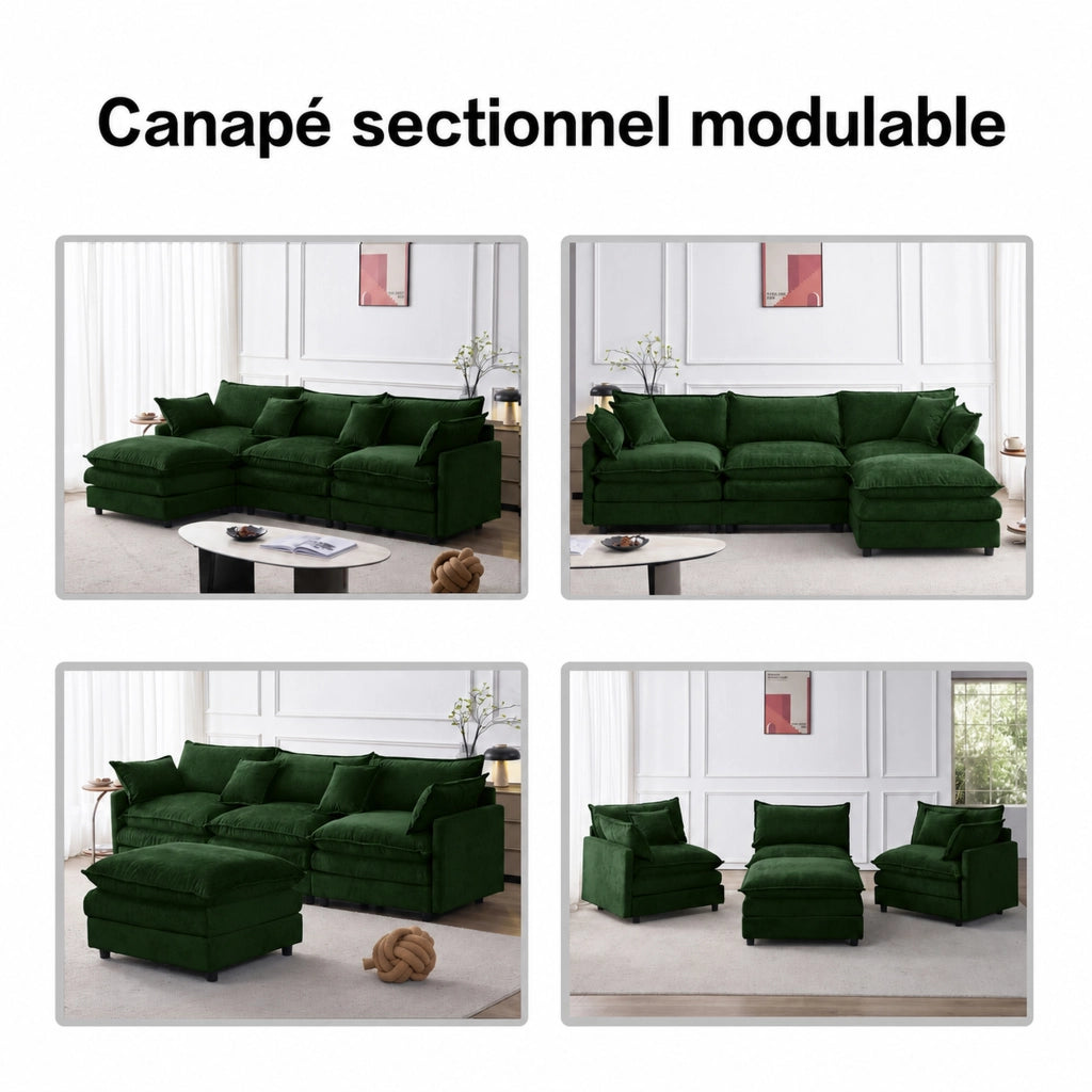 Divano angolare modulare con pouf mobile in chenille verde con seduta in memory schiuma e per 3 persone
