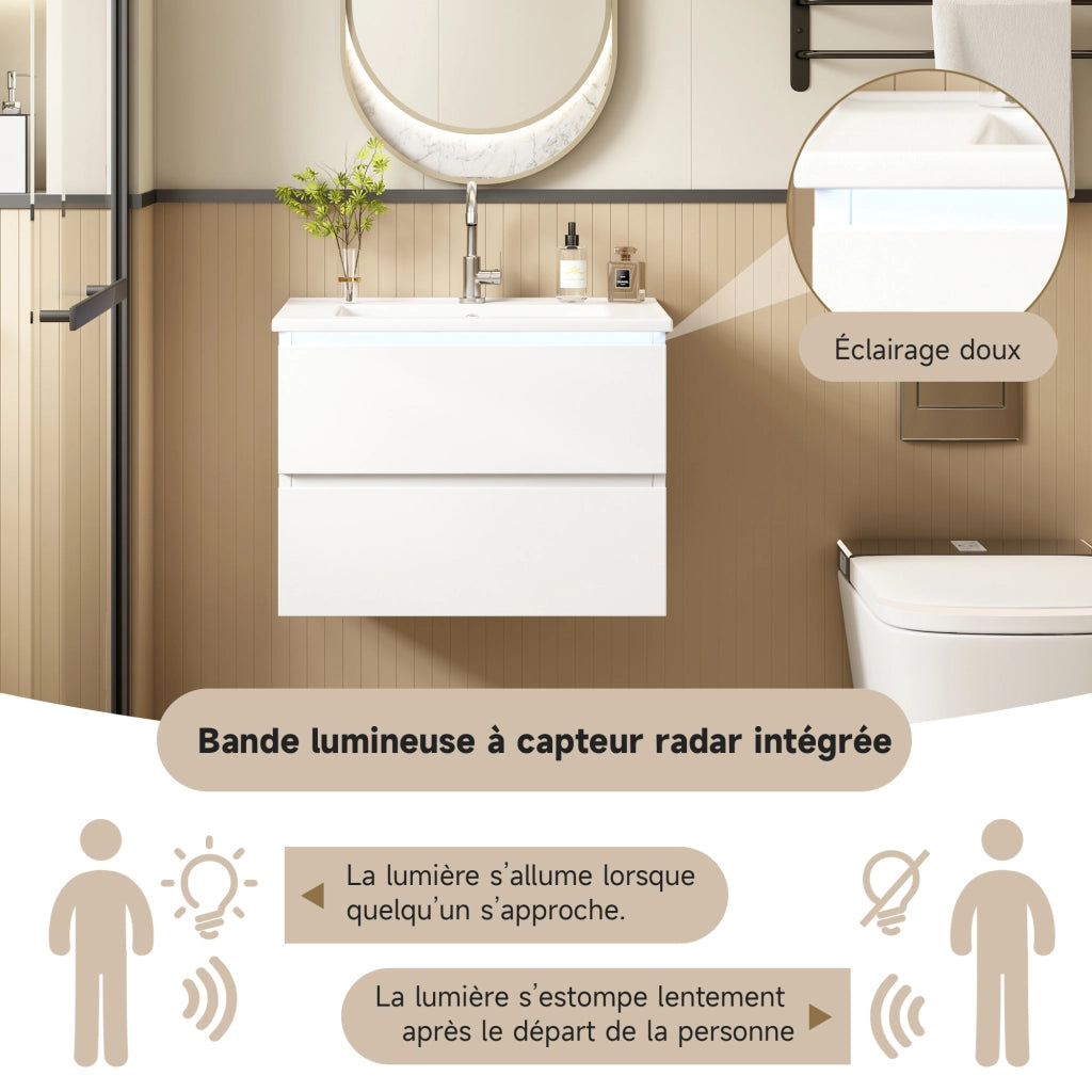 Mobile Bagno Sospeso con Lavabo Integrato e LED ¨C MINIMAL ¨C Bianco, 2 Cassetti, 61x46x45 cm