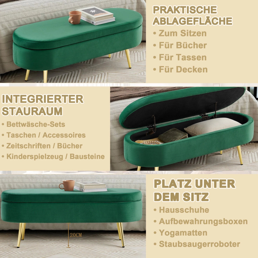 Panca contenitore ovale in velluto verde scuro 110x40x42 cm